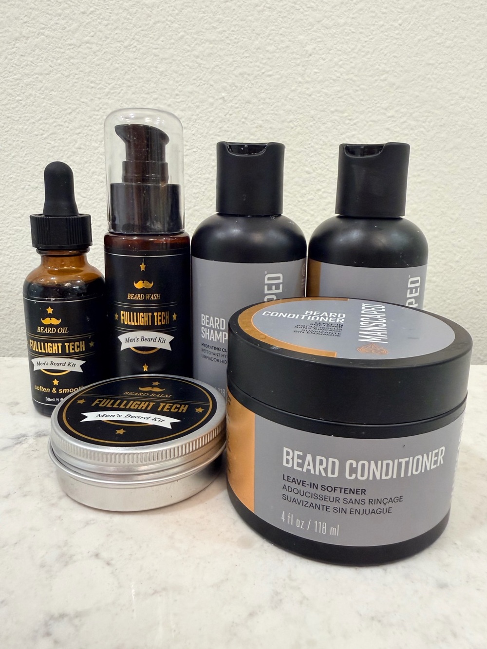Manscaped and Fulllight Tech set of 6 Beard Shampoo, Conditioner, Balm, and Oil